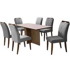 Mesa De Jantar Los Angeles 160x80cm Em Linho Com 6 Cadeiras California Minas Plac Canela Off White Cinza