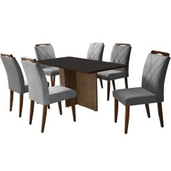 Mesa De Jantar Los Angeles 160x80cm Em Veludo Com 6 Cadeiras California Minas Plac Canela Grafite Cinza