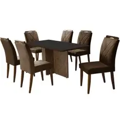 Mesa De Jantar Los Angeles 160x80cm Em Veludo Com 6 Cadeiras California Minas Plac Canela Grafite Marrom
