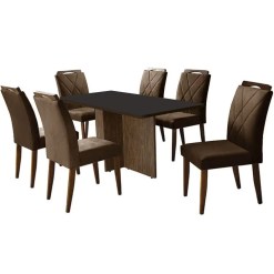 Mesa De Jantar Los Angeles 160x80cm Em Veludo Com 6 Cadeiras California Minas Plac Canela Grafite Marrom