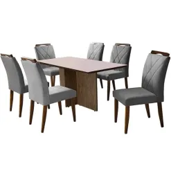Mesa De Jantar Los Angeles 160x80cm Em Veludo Com 6 Cadeiras California Minas Plac Canela Off White Cinza