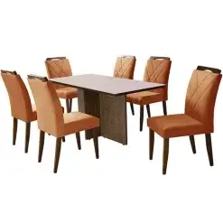 Mesa De Jantar Los Angeles 160x80cm Em Veludo Com 6 Cadeiras California Minas Plac Canela Off White Cobre