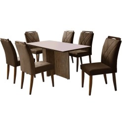Mesa De Jantar Los Angeles 160x80cm Em Veludo Com 6 Cadeiras California Minas Plac Canela Off White Marrom