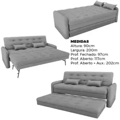 Sofa Cama Madalena Reclinavel Com Cama Auxiliar 3 Lugares Tecido Linho 200cm Matrix Medidas