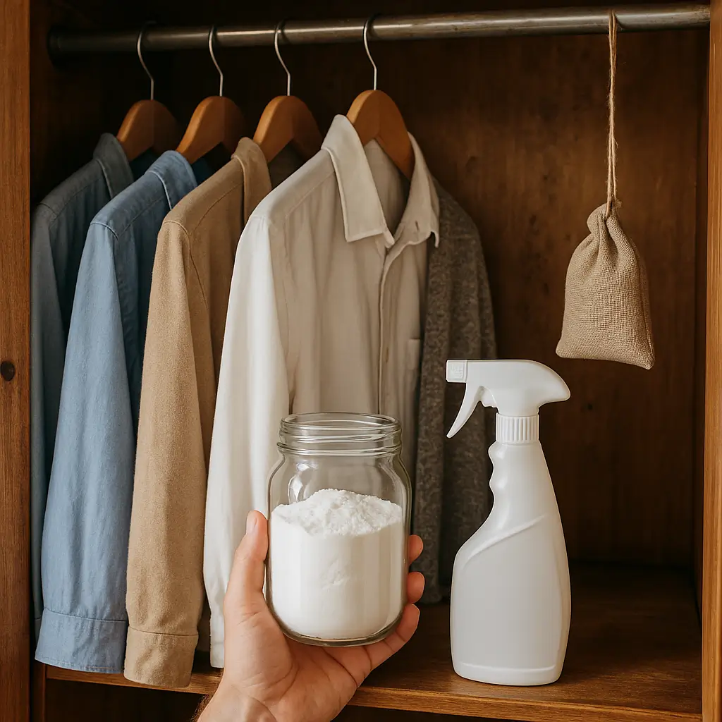 A imagem mostra soluções para como tirar cheiro de mofo de guarda-roupa, incluindo bicarbonato de sódio e um spray.