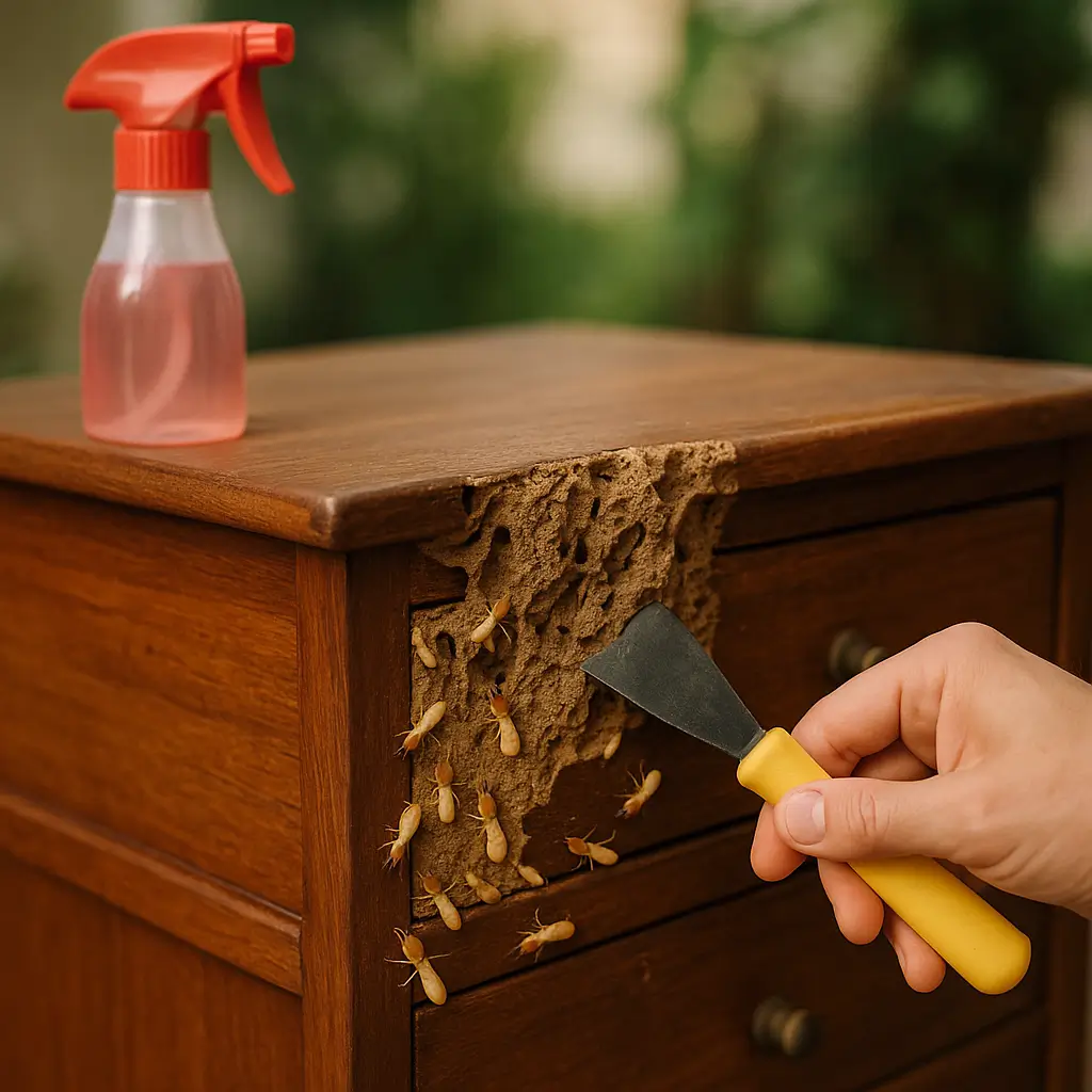 Armário danificado por cupins com uma espátula e borrifador.