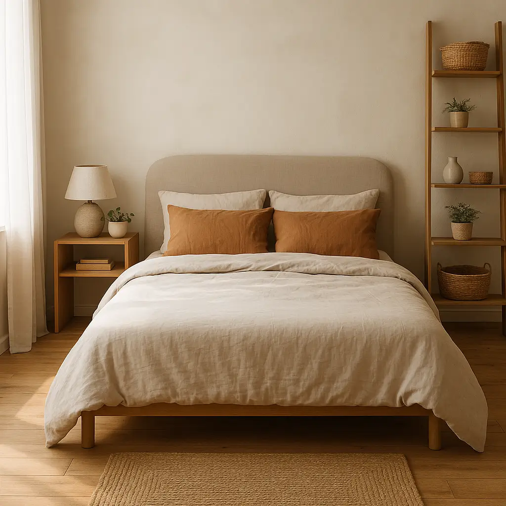 Cama com almofadas marrons, criado-mudo com luminária, plantas, estante simples; exemplo de como montar um quarto gastando pouco.