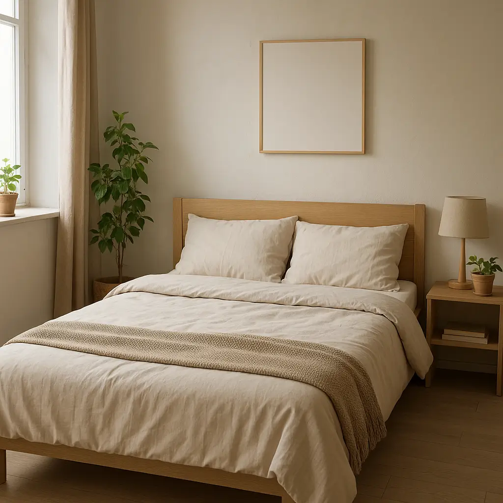 Quarto minimalista com cama de madeira, roupas de cama bege, mesa de cabeceira simples, abajur pequeno e plantas, mostrando como montar um quarto gastando pouco.