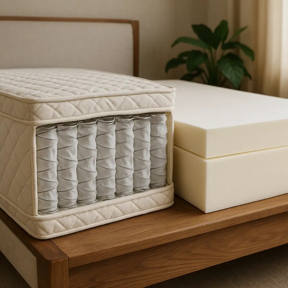 Colchão de molas ensacadas em corte transversal ao lado de espuma de látex sobre cama de madeira; como escolher o colchão ideal.