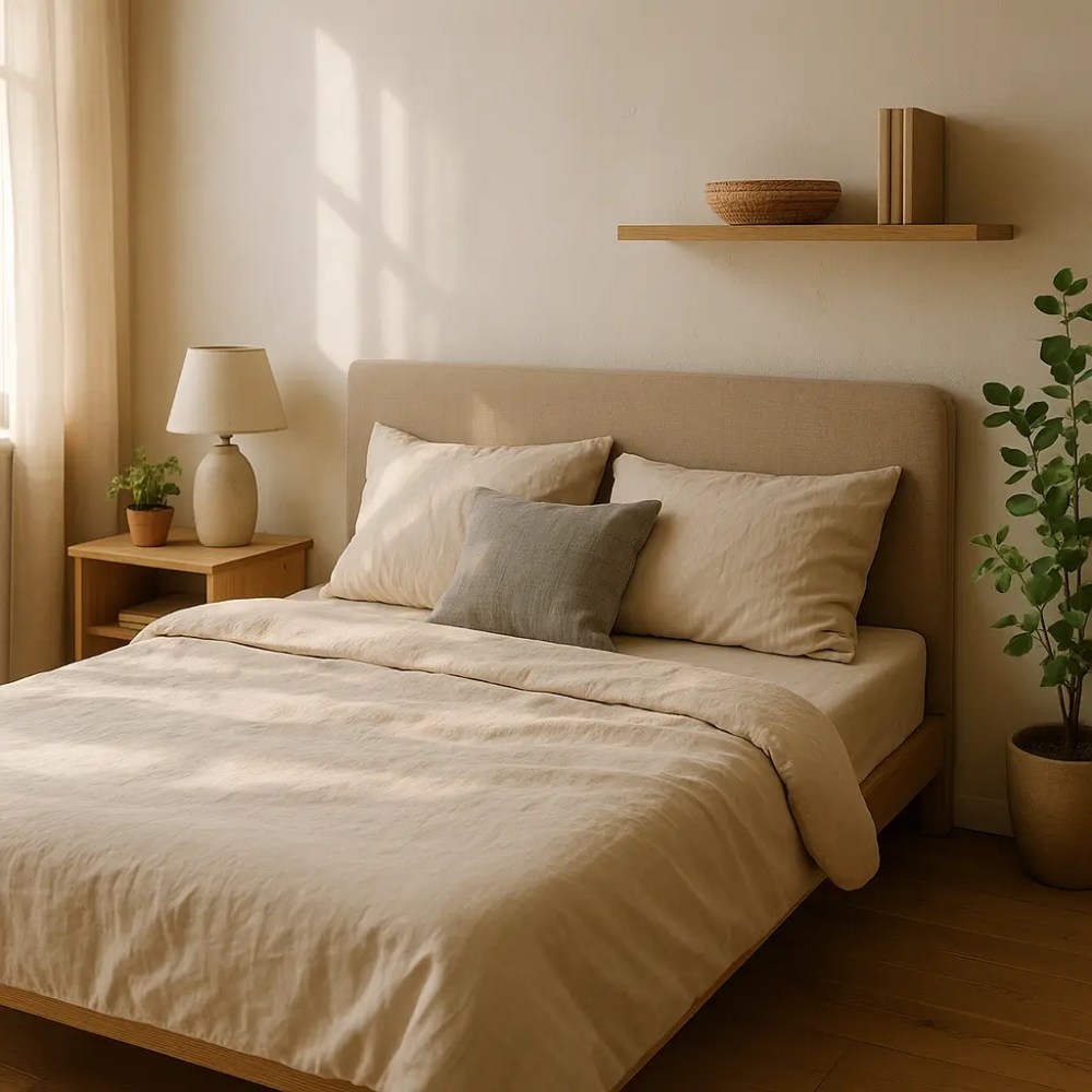 Como montar um quarto gastando pouco: cama com roupa de cama bege, mesa de cabeceira com abajur e planta, prateleira com objetos minimalistas e planta no canto.