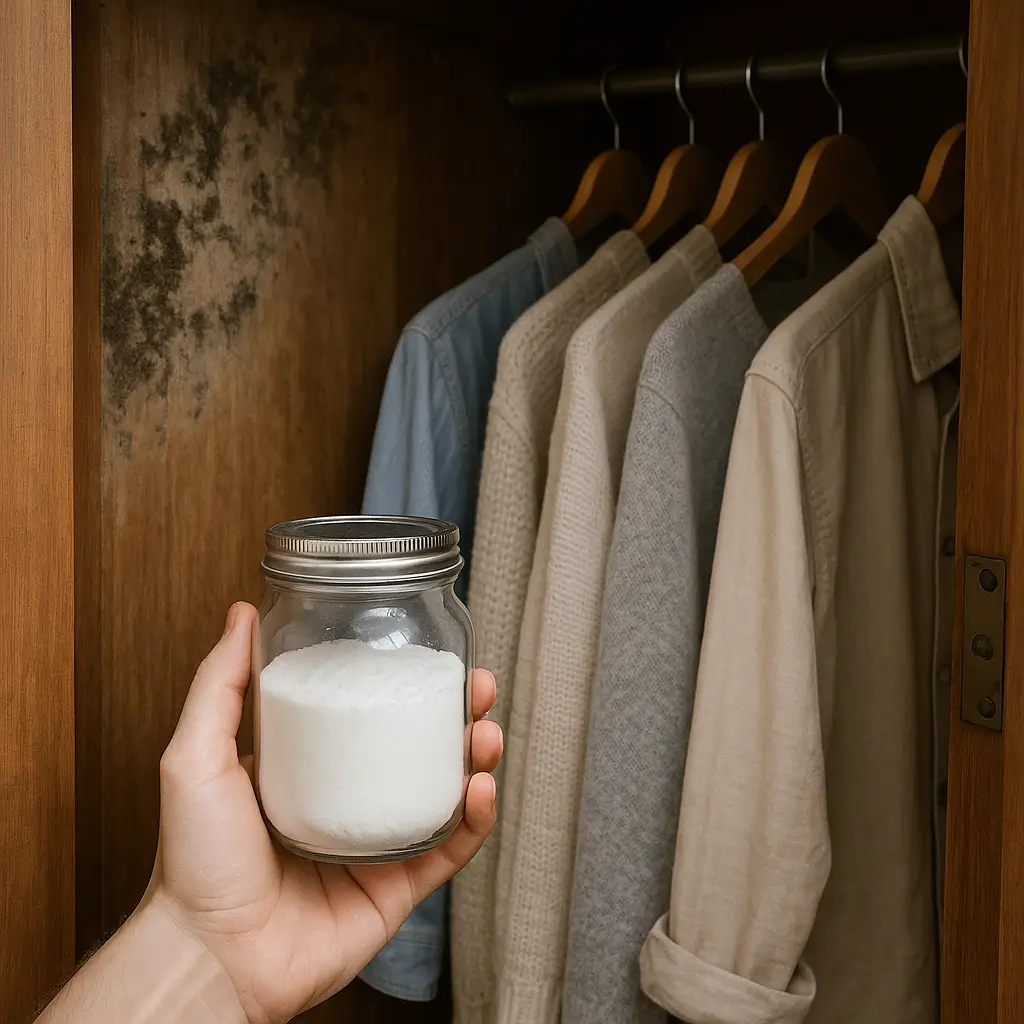 Como tirar cheiro de mofo de guarda-roupa: pote de bicarbonato de sódio é posicionado em frente a roupas penduradas, com sinais de mofo no fundo.