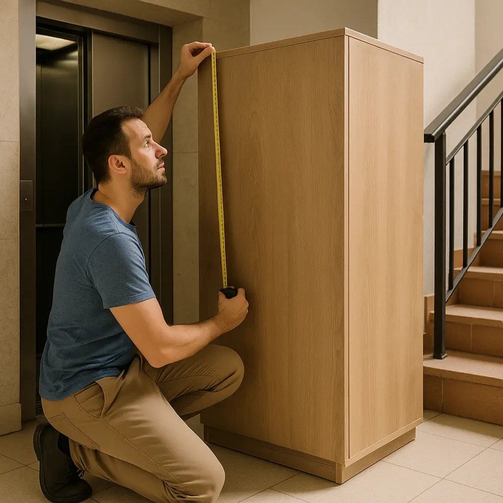 Homem medindo armário com fita métrica perto de escada.