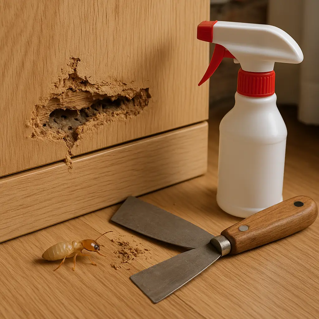 Madeira danificada, cupim, espátula, borrifador.