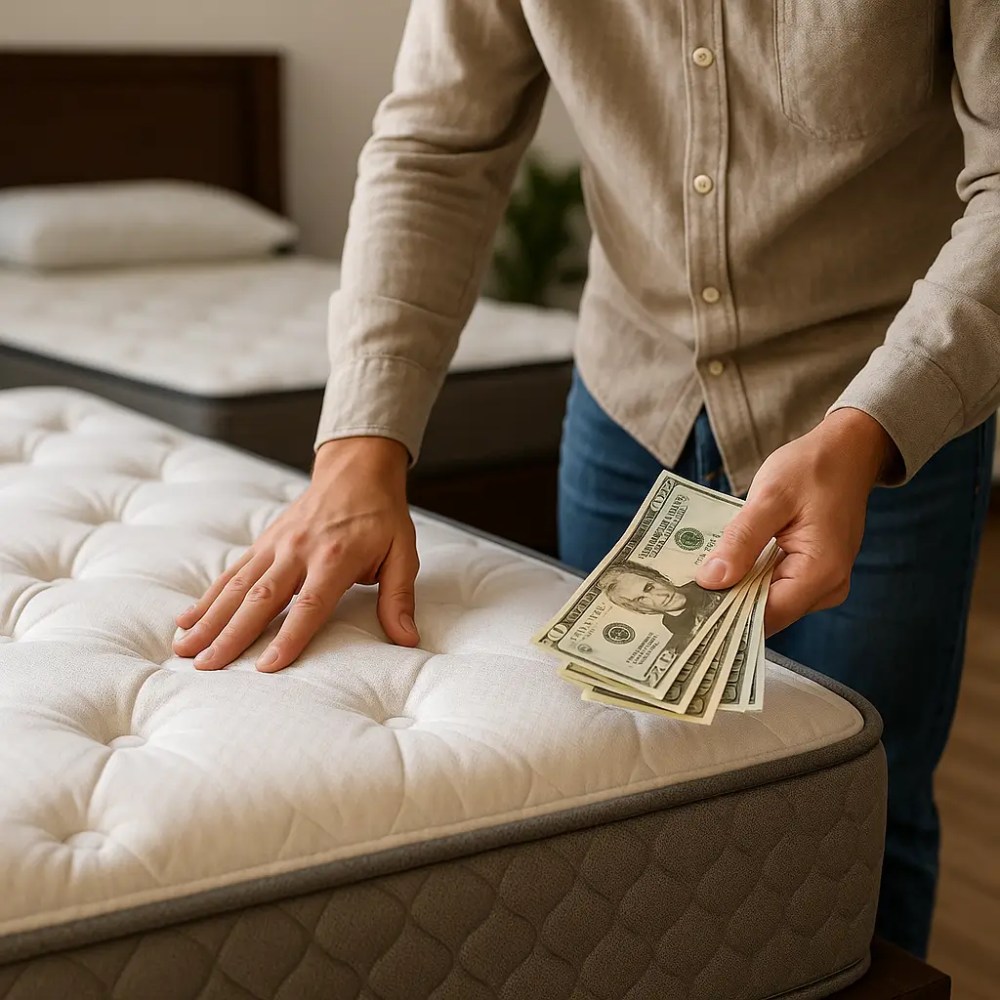 Mão pressionando colchão barato com notas de dinheiro na outra mão.