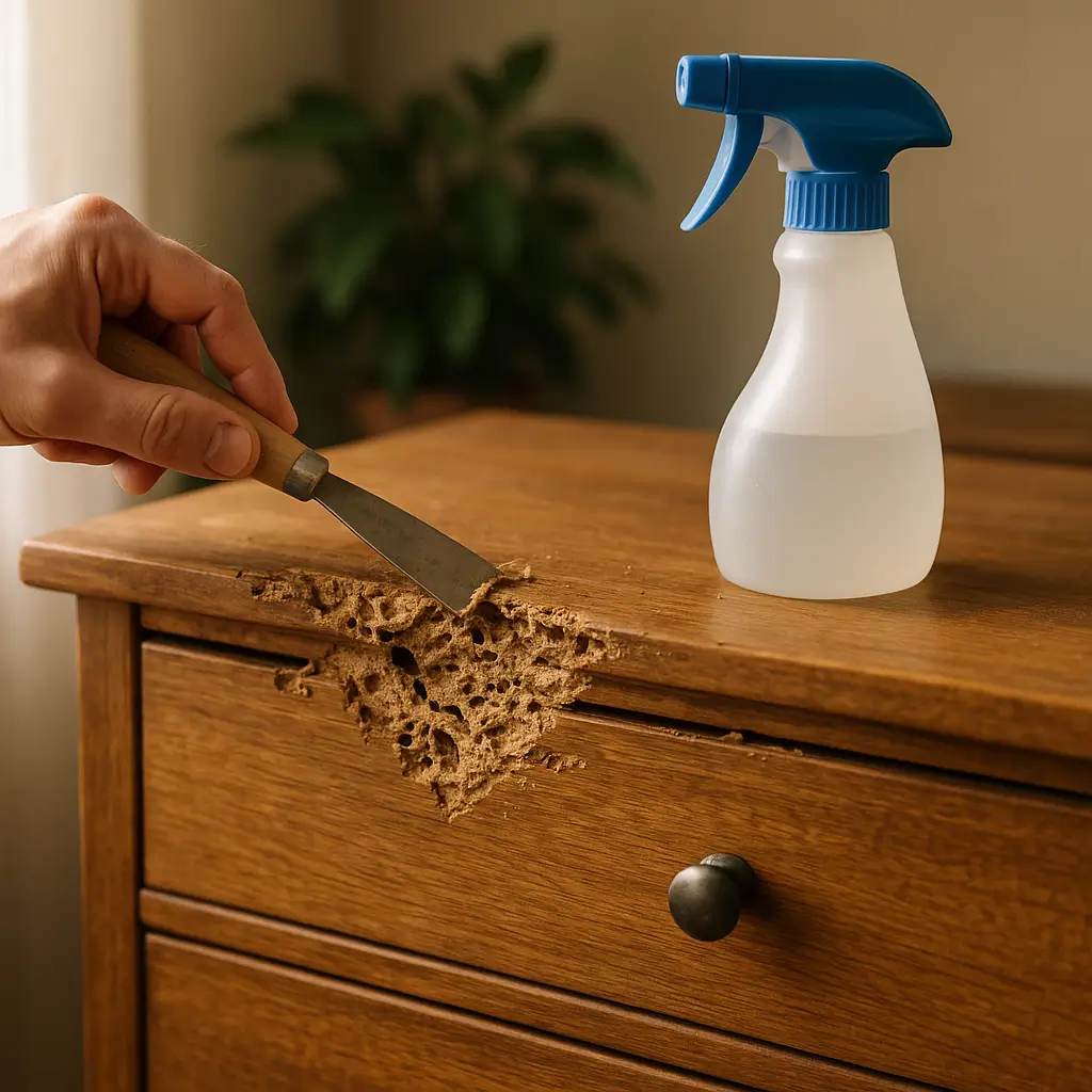 Móvel danificado por cupins, com espátula e borrifador ao lado.
