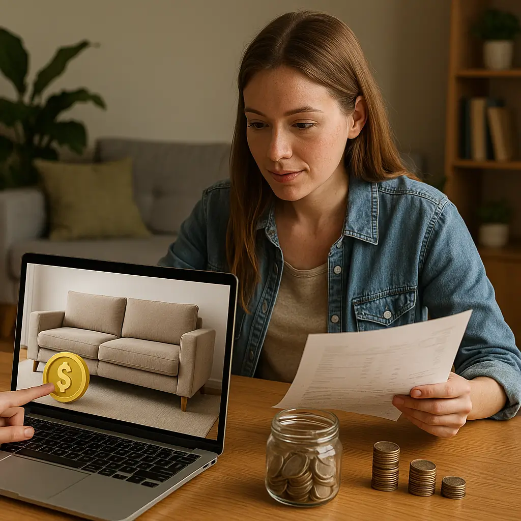 Mulher analisa documento e laptop com imagem de sofá e ícone de moeda, representando como economizar na compra de móveis online.