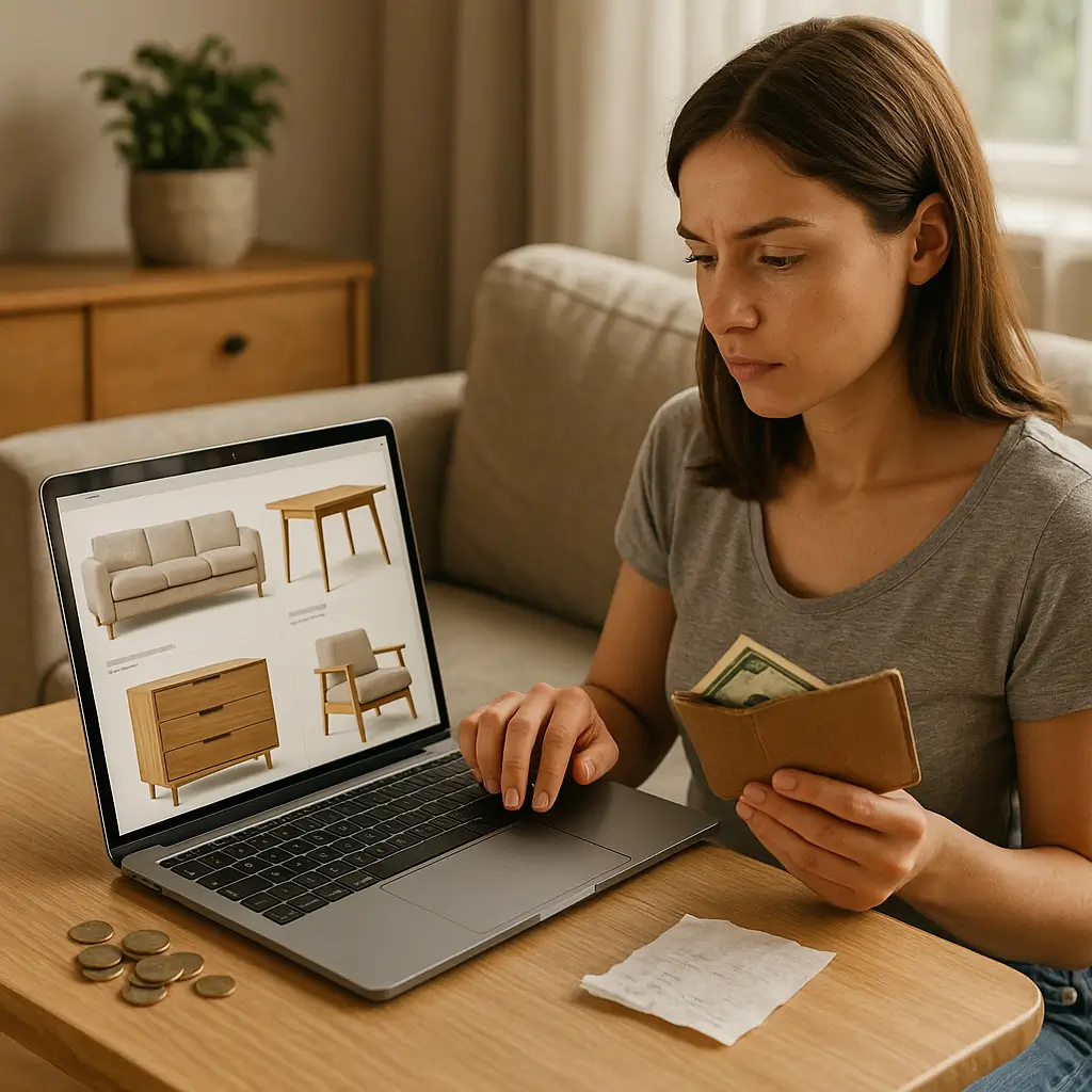 Mulher segurando carteira com dinheiro, olhando móveis em um site de compras online, enfatizando como economizar na compra de móveis online.