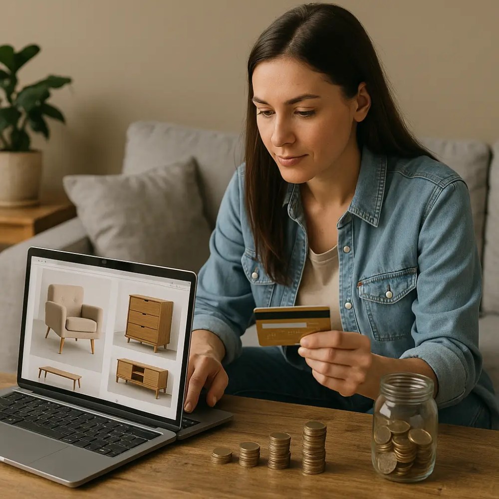 Mulher sentada em frente a um laptop, segurando um cartão de crédito, com moedas empilhadas e detalhando como economizar na compra de móveis online.