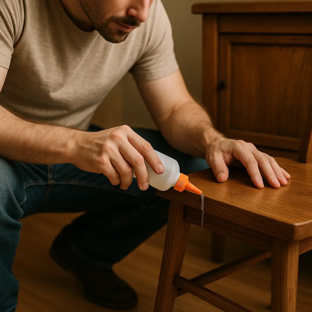 Pessoa aplicando cola em cadeira de madeira.