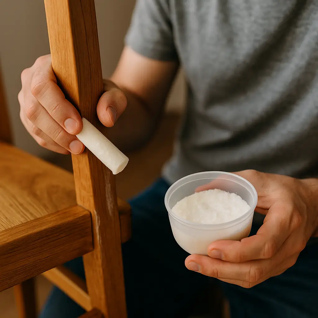 Pessoa reparando cadeira com cera.