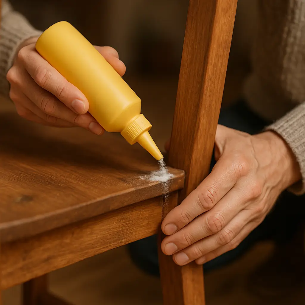Pessoa aplicando cola em móvel.