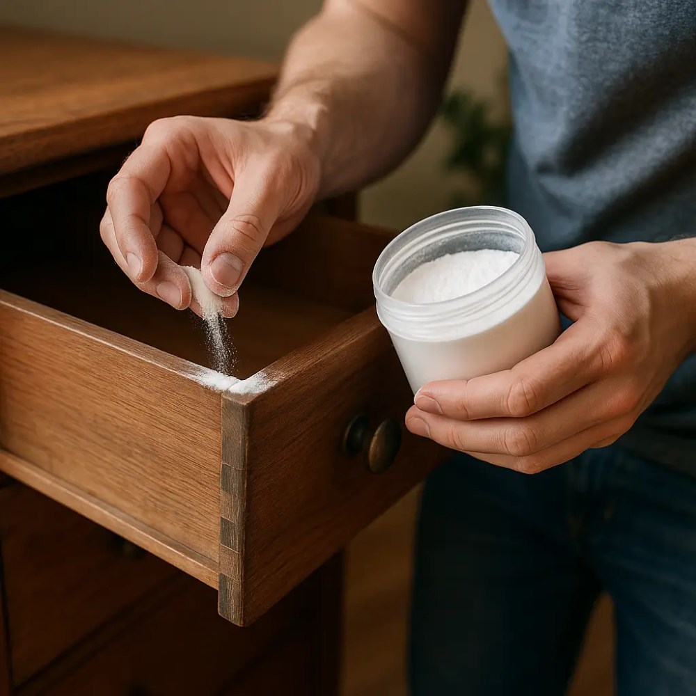 Pessoa colocando pó em uma gaveta de madeira.