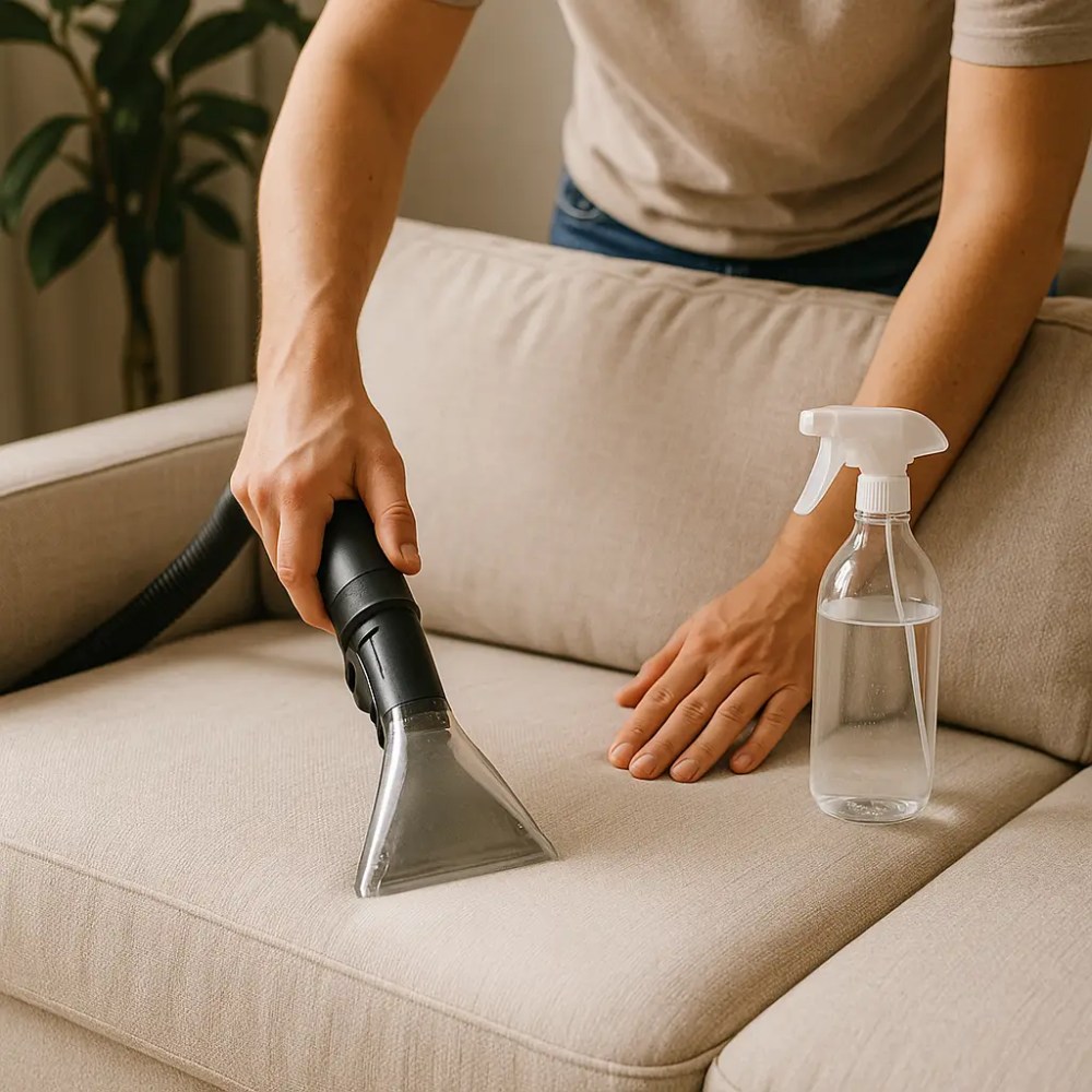 Pessoa limpando sofá com aspirador e spray.