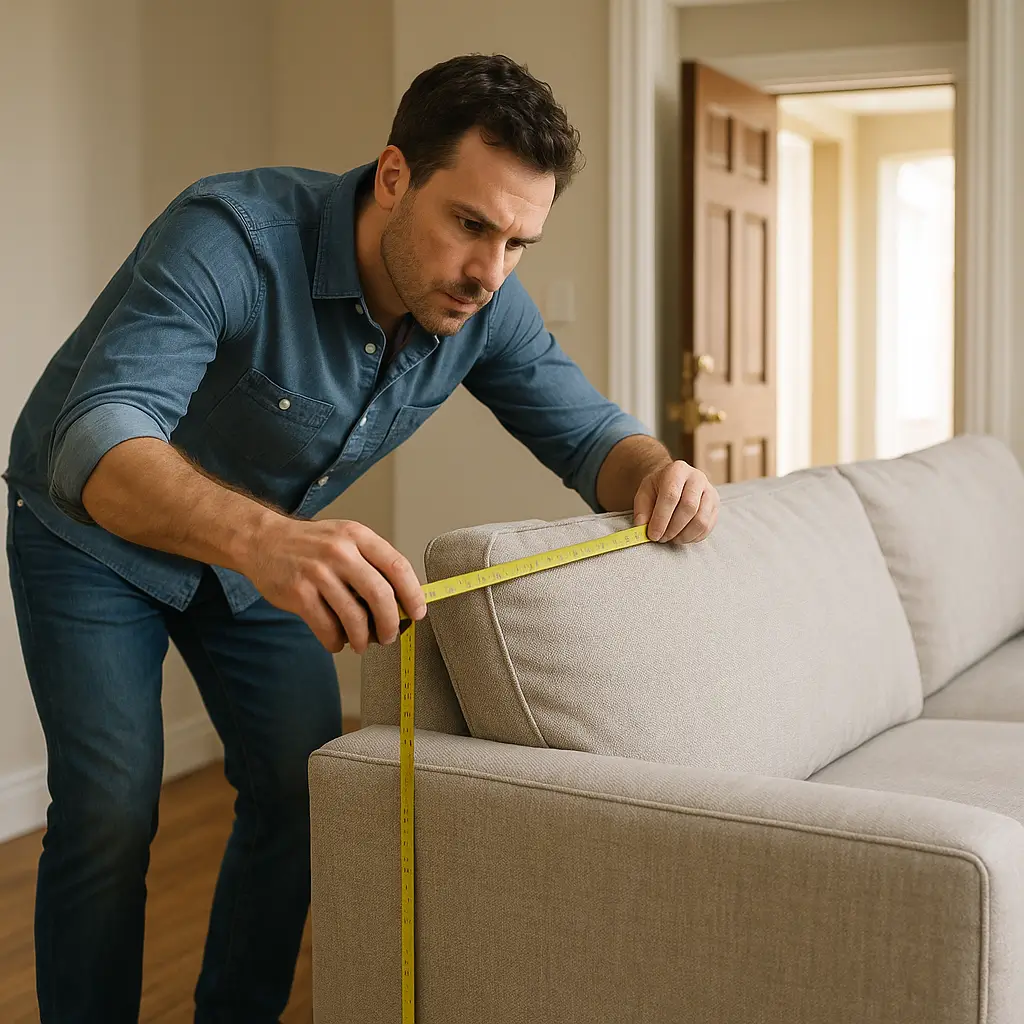 Pessoa medindo sofá com fita métrica.