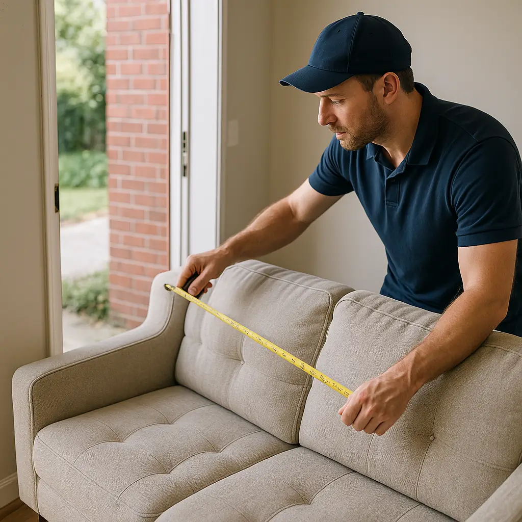 Pessoa medindo um sofá.