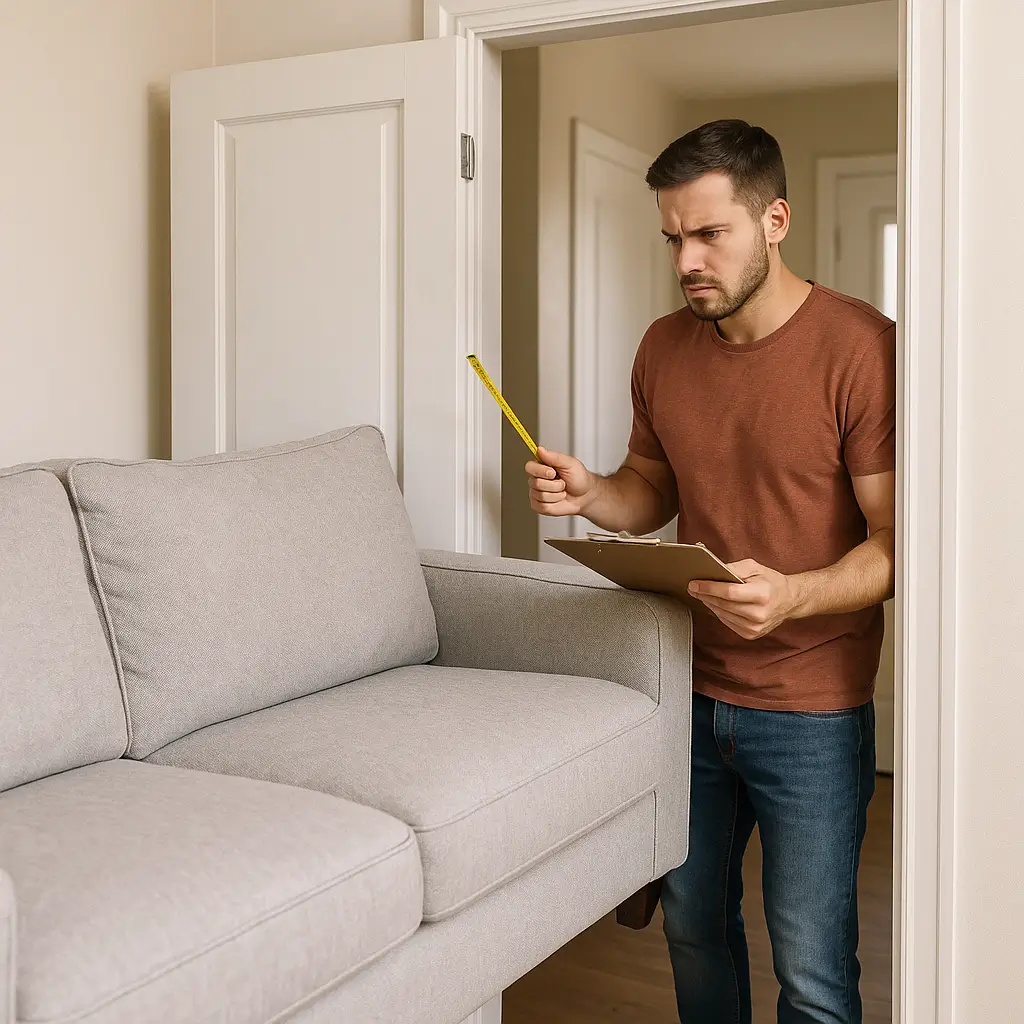 Pessoa medindo sofá na porta.