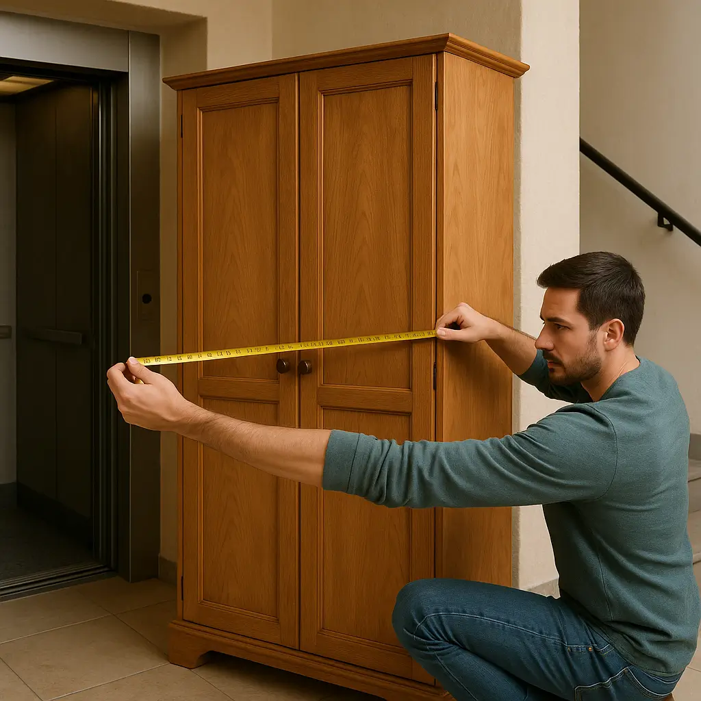 Pessoa medindo um armário de madeira com uma fita métrica.