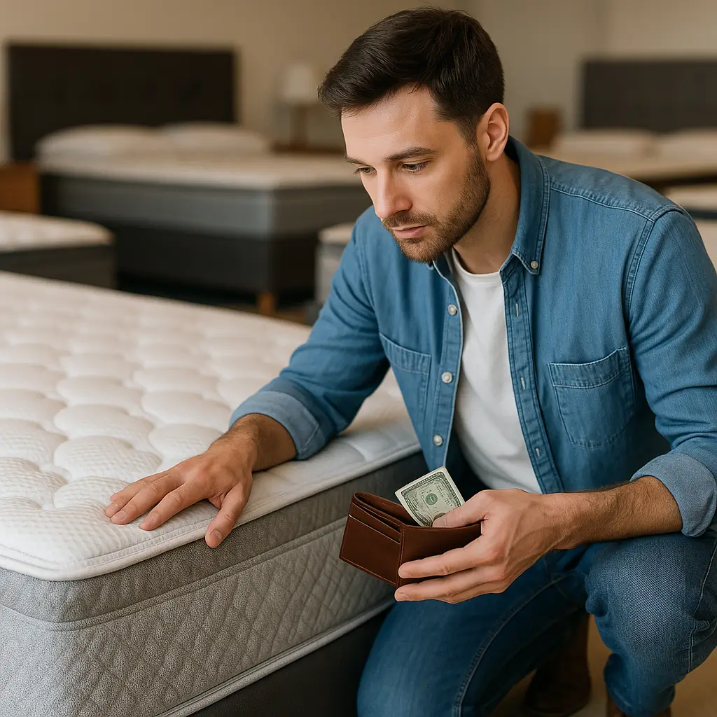 Homem analisando colchão barato com carteira na mão em loja.