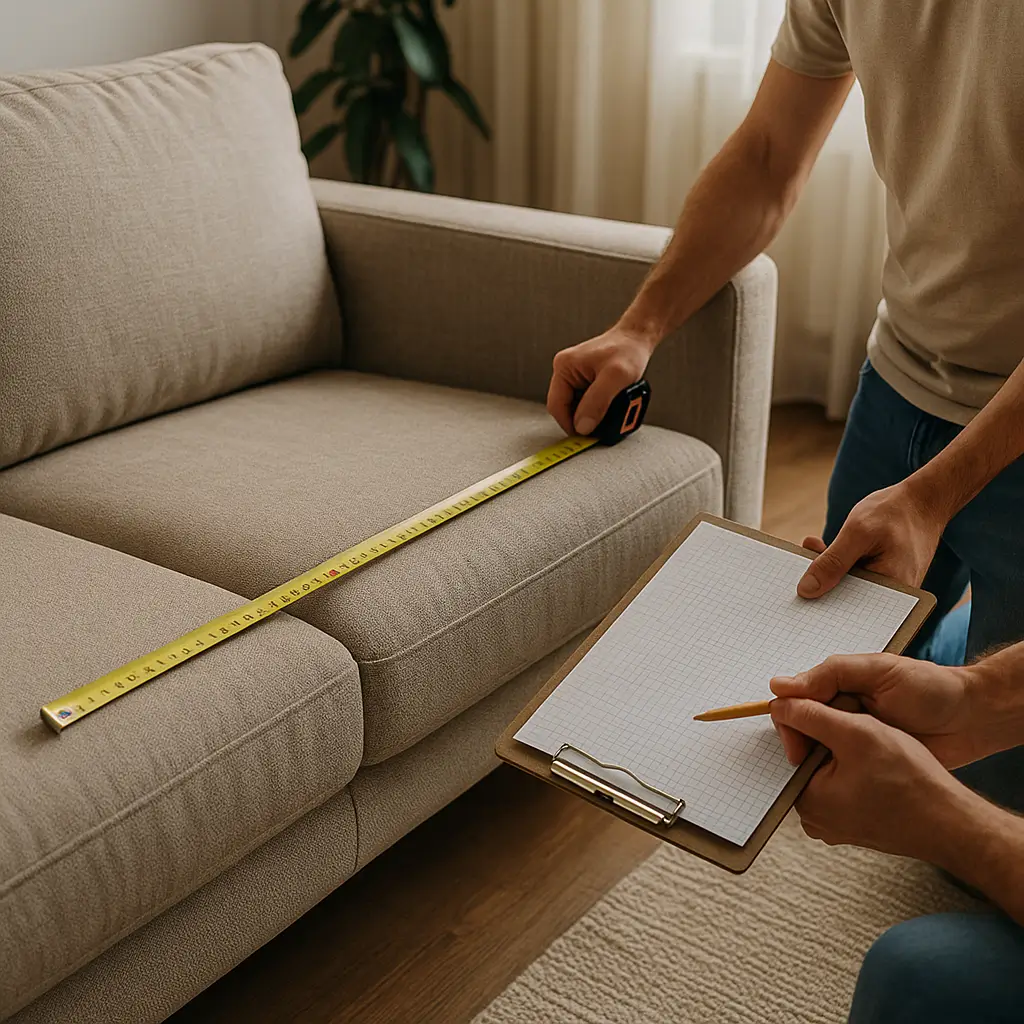 Pessoas medindo sofá com fita métrica e prancheta.