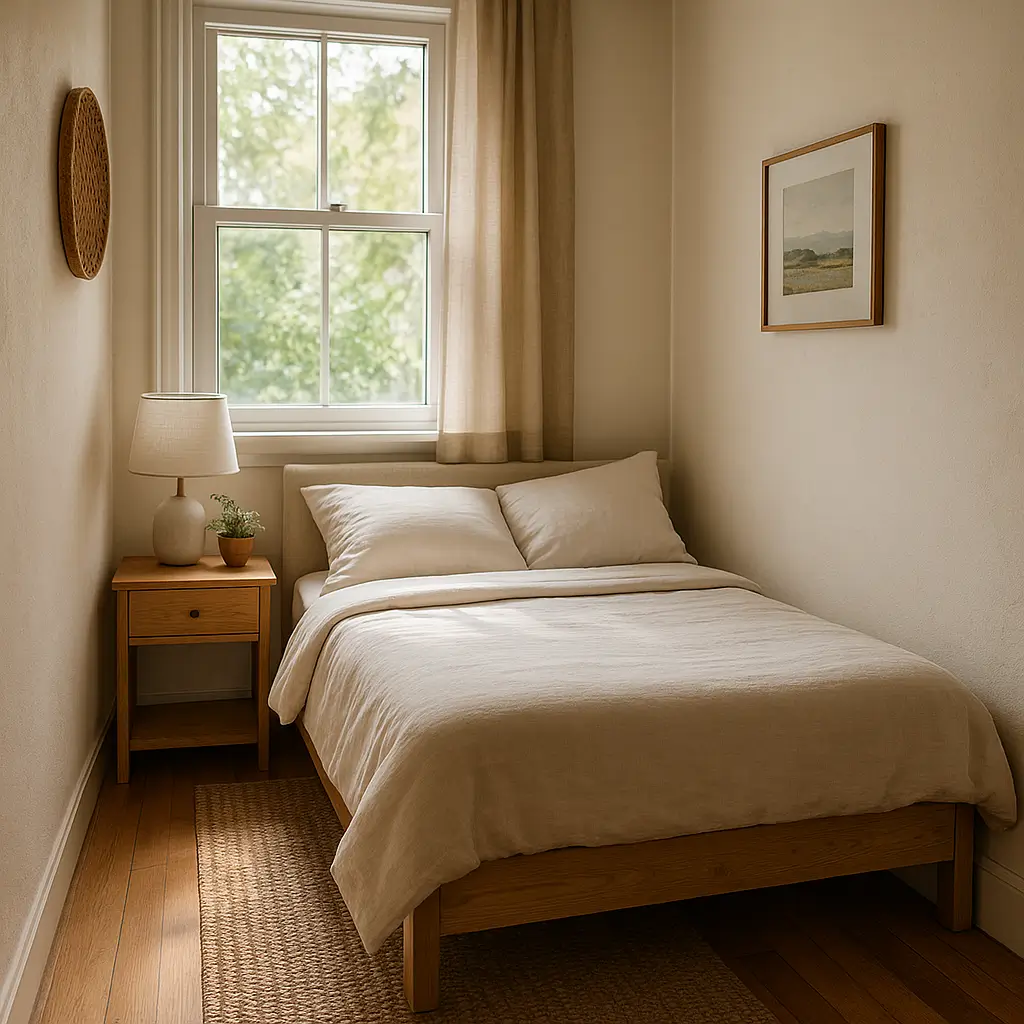 Quarto compacto com cama de casal, mesa de cabeceira e pouca decoração, ideal para ilustrar dicas de como escolher a melhor cama para quarto pequeno.