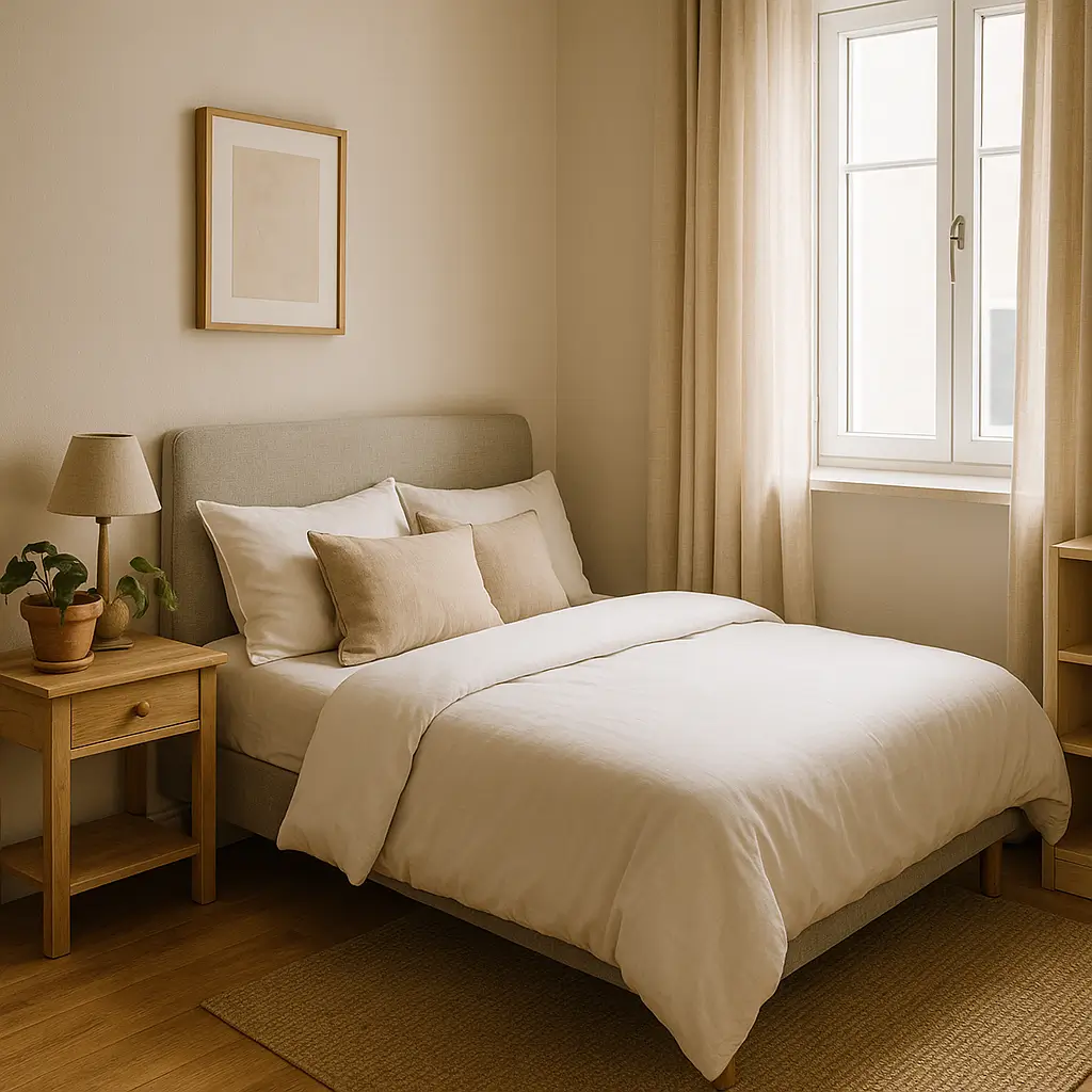 Quarto minimalista bem decorado, ideal para quem busca como escolher a melhor cama para quarto pequeno, maximizando conforto e estilo.