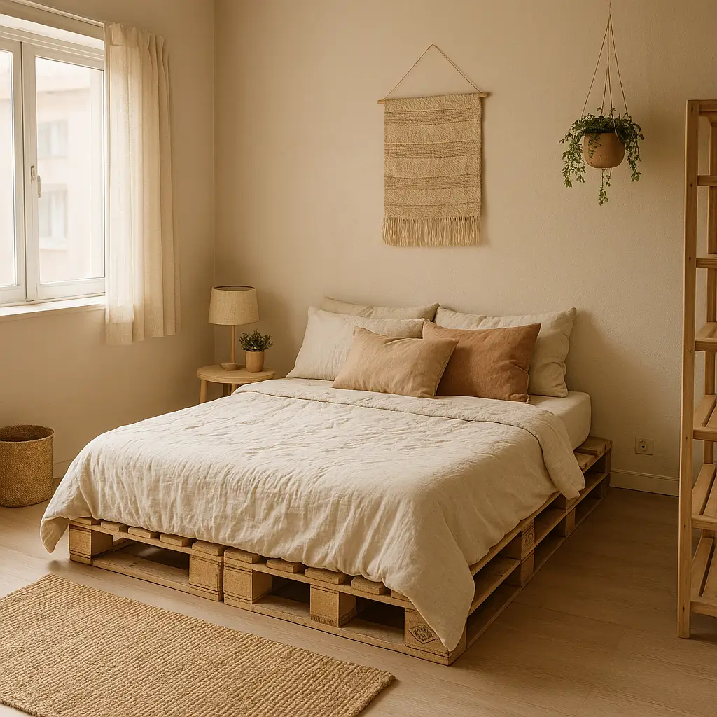 Quarto minimalista com cama de pallets, plantas suspensas, luz natural e decoração simples, exemplo de como montar um quarto gastando pouco.