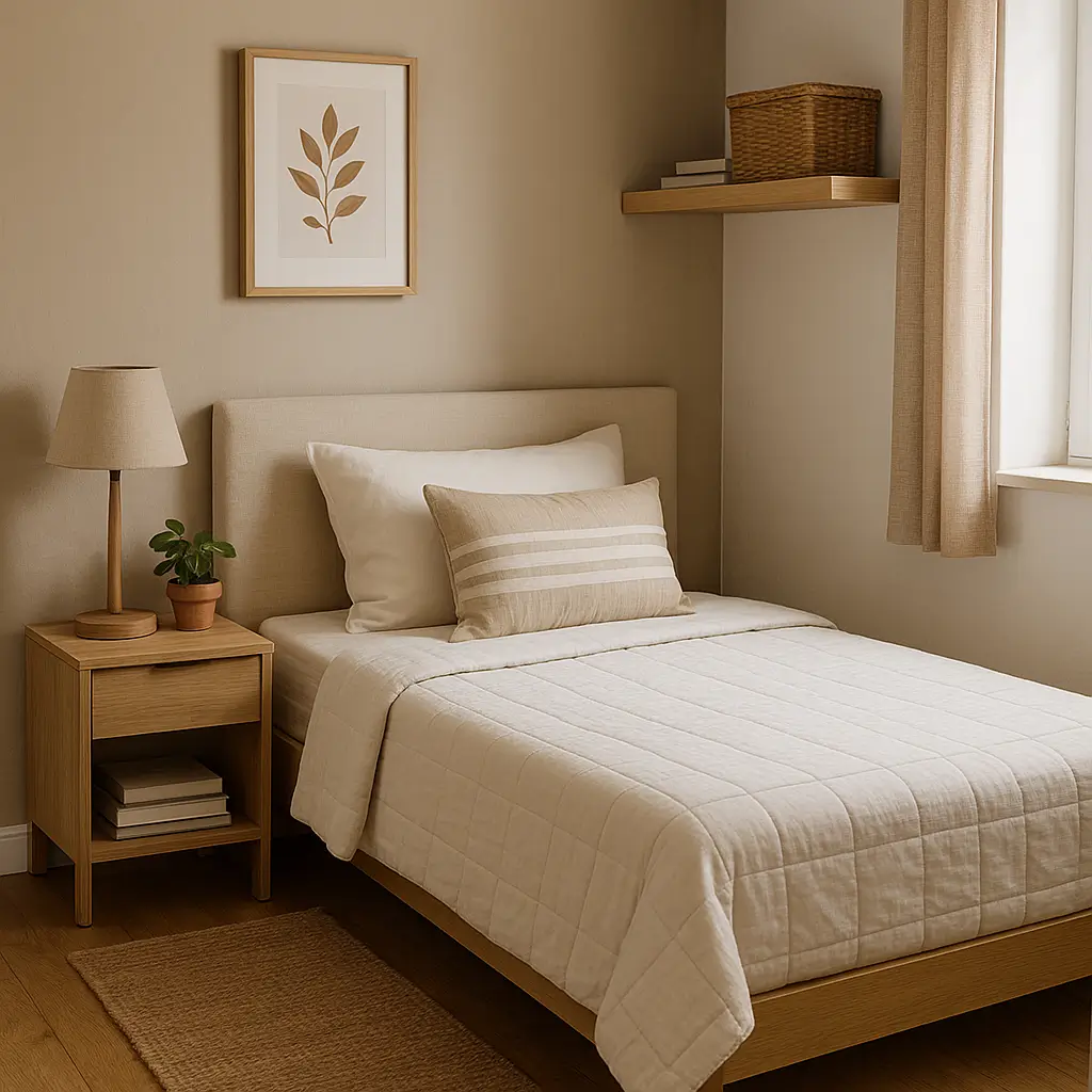 Quarto pequeno com cama de solteiro minimalista e funcional. Veja como escolher a melhor cama para quarto pequeno, otimizando o espaço com estilo.