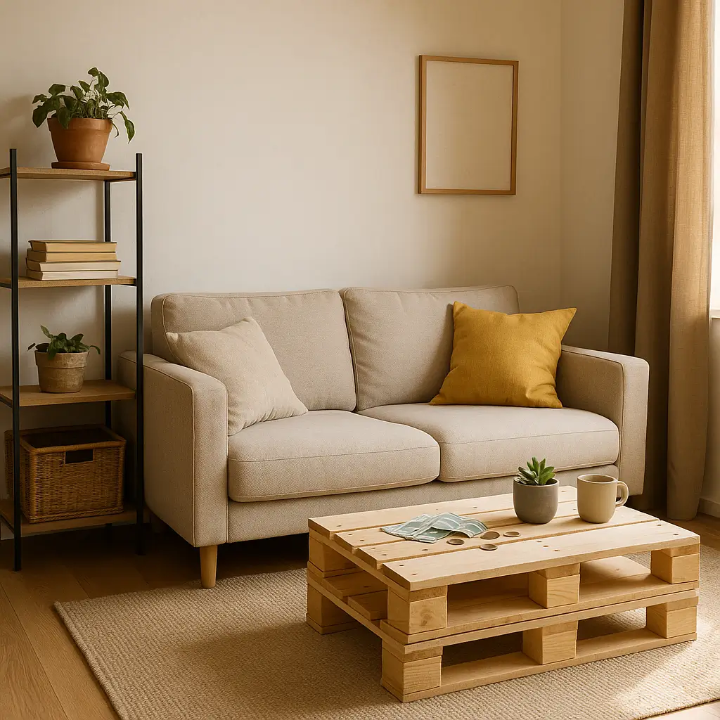 Sala acolhedora com sofá bege, mesa de paletes, plantas e prateleira.