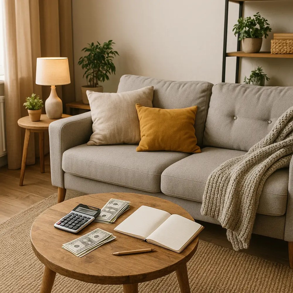 Sala aconchegante com sofá, almofadas, mesa de madeira, dinheiro, caderno e calculadora.