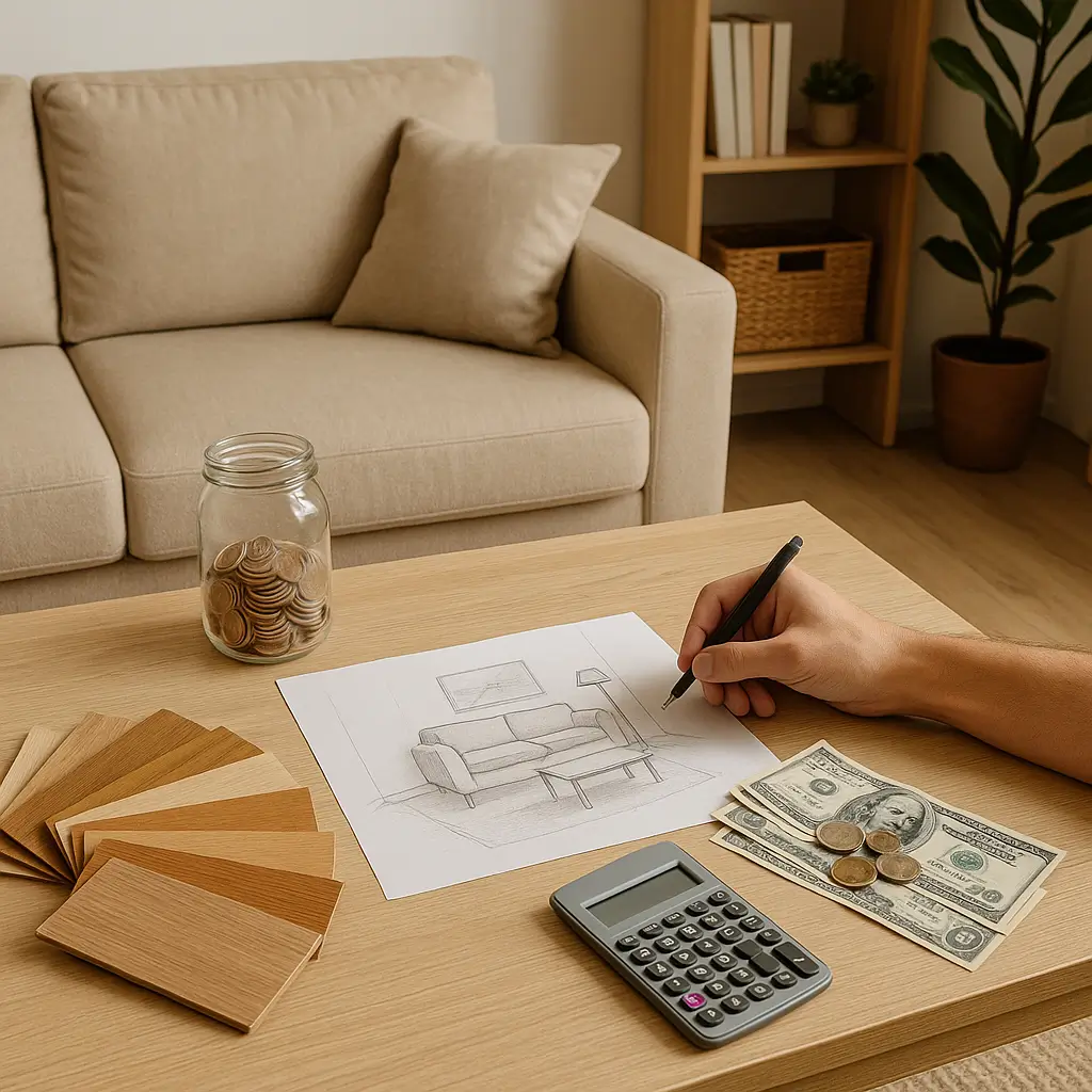 Desenho de sala, amostras de madeira, dinheiro, calculadora sobre a mesa.