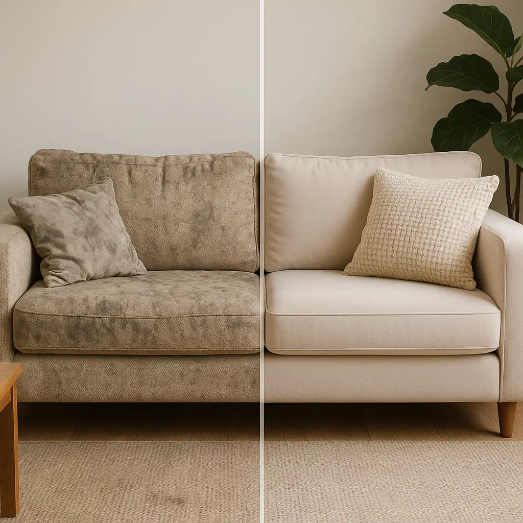 Antes e depois de renovar um sofá velho, mostrando como deixar sofá velho com cara de novo gastando pouco, com diferença visível na limpeza e estado.