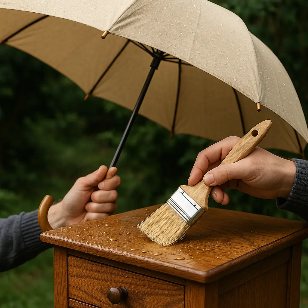 Aplicação de cera em móvel de madeira sob guarda-chuva para proteger móveis de madeira da água e da umidade.