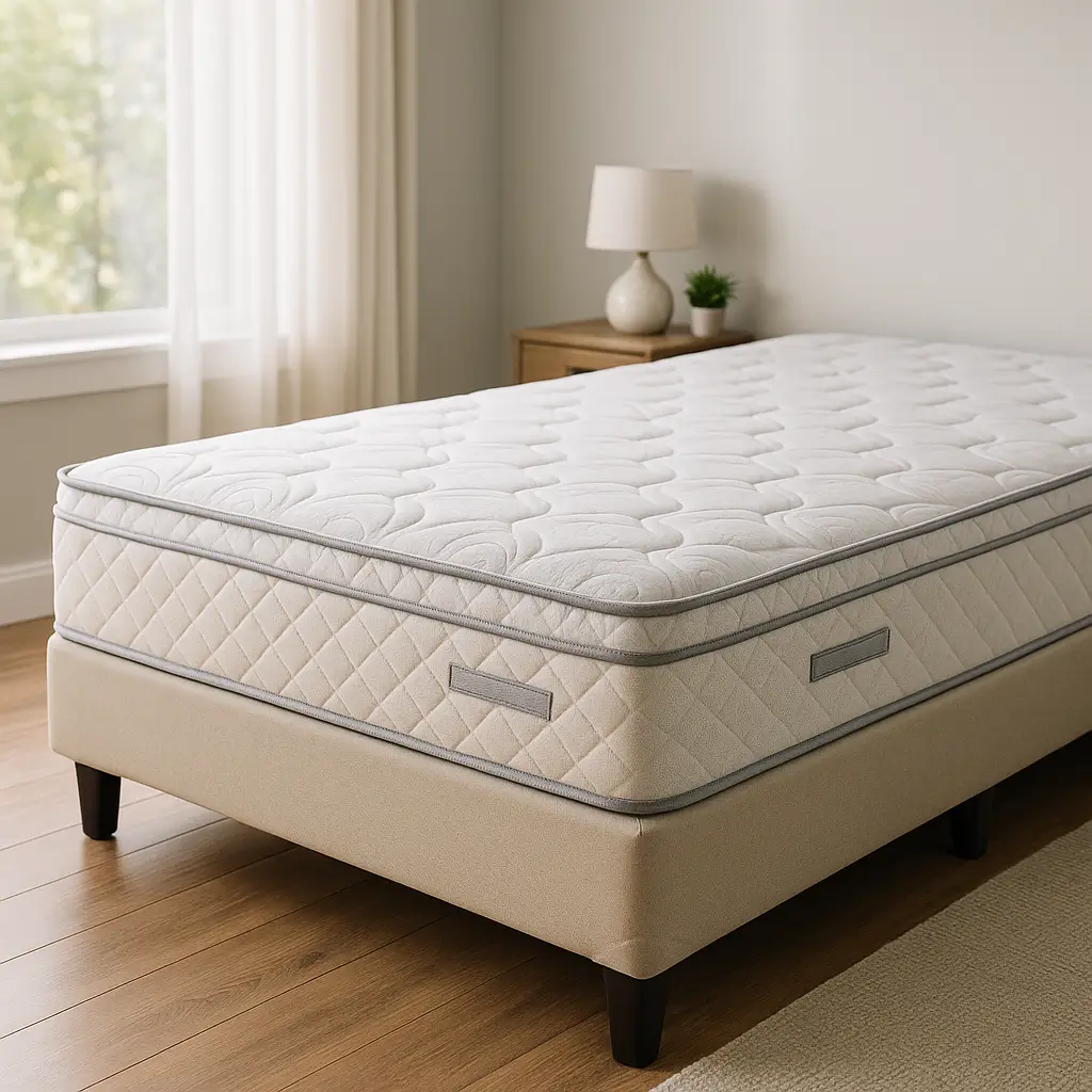 Cama com colchão sobre base box bege barata, luminária e planta ao fundo.