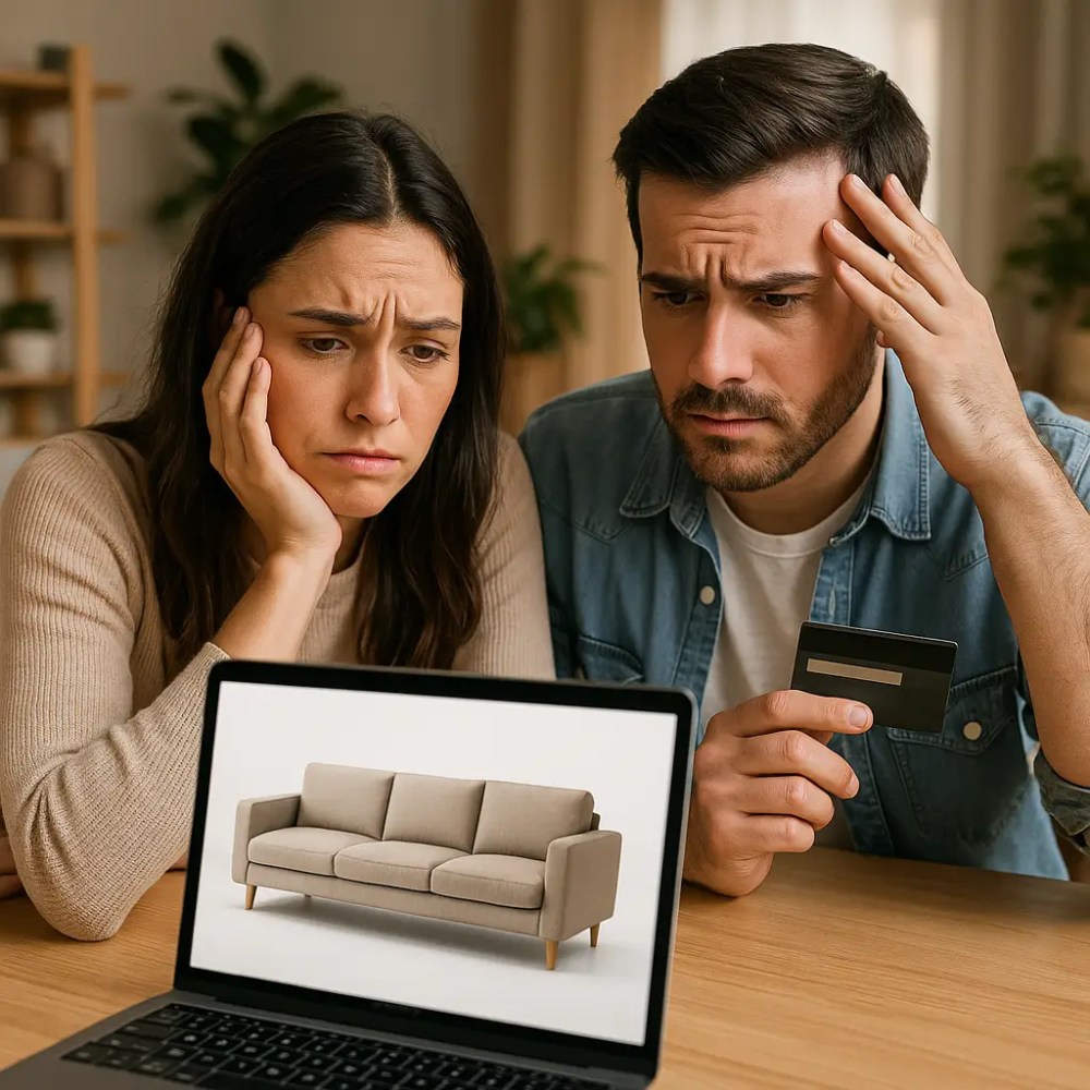 Casal preocupado olhando para um laptop exibindo um sofá, segurando um cartão de crédito, ilustrando erros na hora de comprar móveis pela internet.