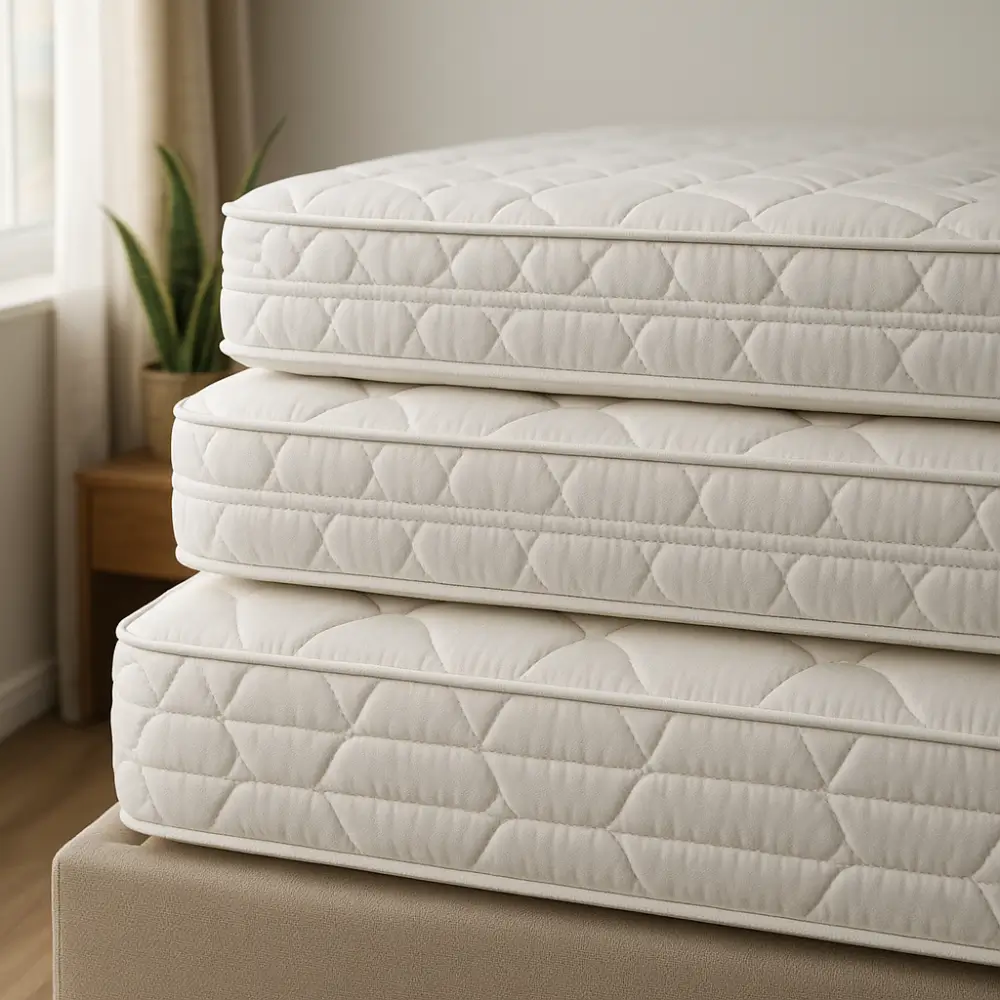 Colchões empilhados com forro acolchoado que representam as densidades d28 d33 d45 significam diferentes níveis de firmeza.