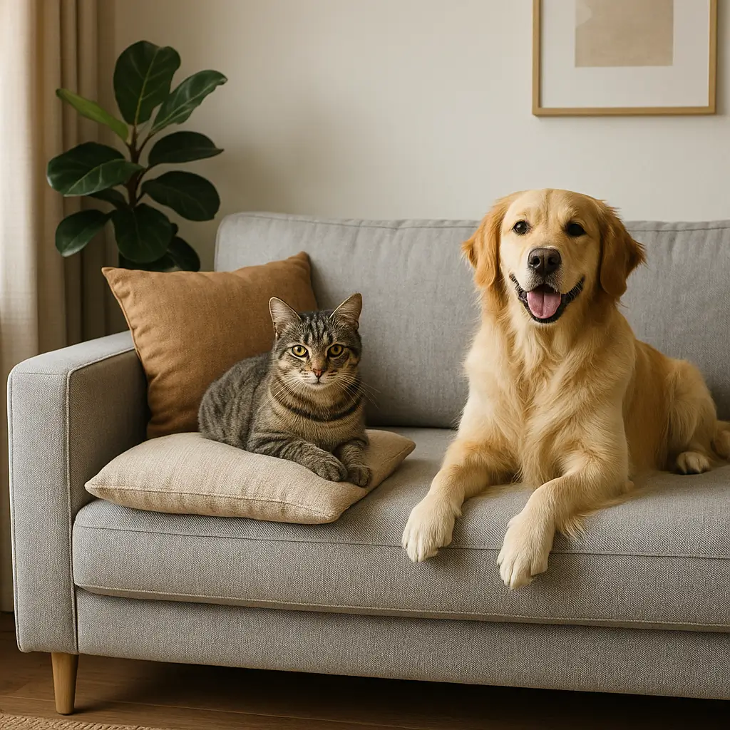 Gato e cachorro sobre sofá cinza em uma sala aconchegante, ideal como sofá para casa com pet.
