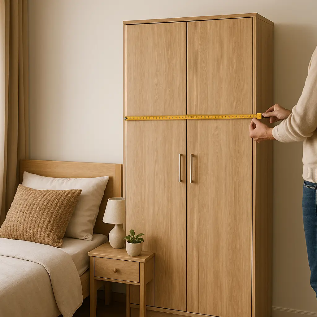 Guarda-roupa compacto de madeira ao lado de cama em quarto pequeno, com pessoa medindo sua largura.