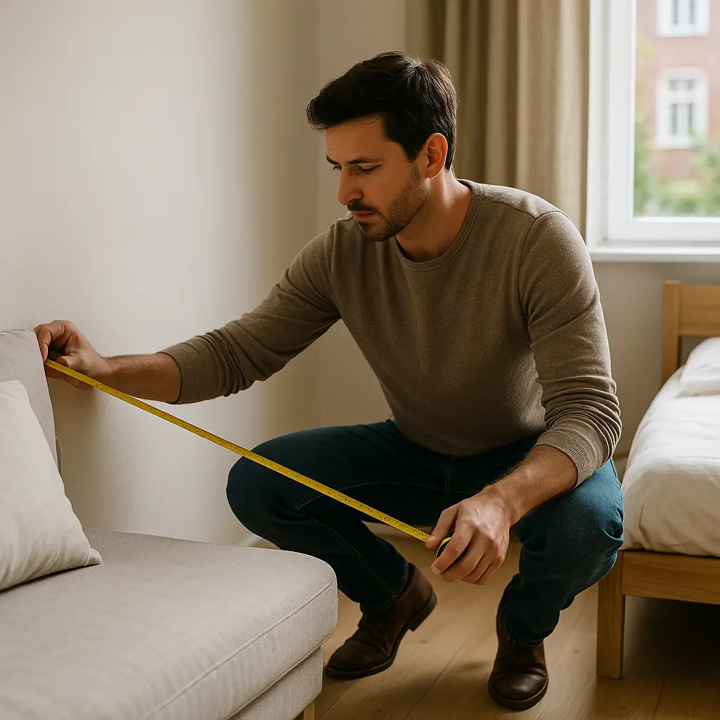 Homem ajoelhado mede espaço entre sofá e cama com fita métrica para como medir sala e quarto antes de comprar móveis.