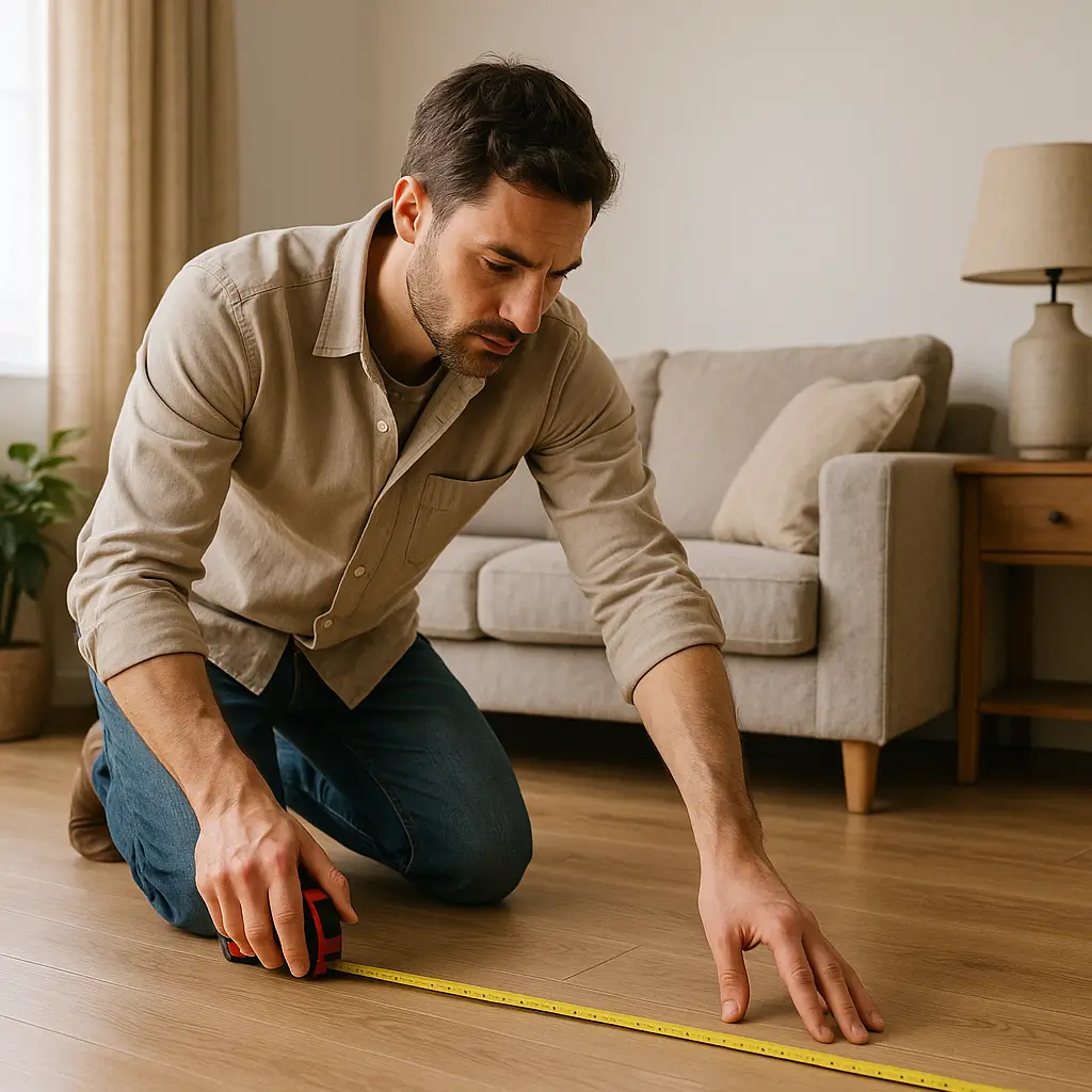 Homem ajoelhado no chão medindo espaço da sala com fita métrica, exemplo de como medir sala e quarto antes de comprar móveis.