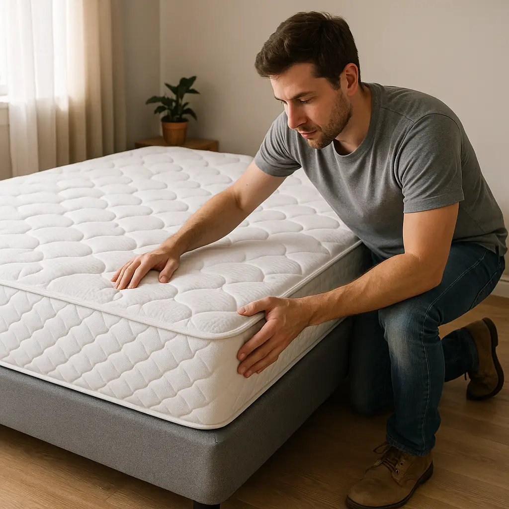 Homem ajustando um colchão sobre uma cama box, ilustrando como montar uma cama box.